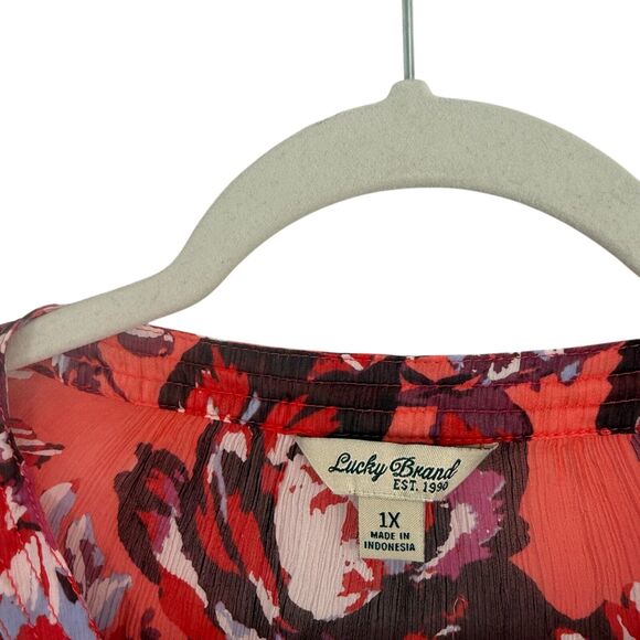 Lucky Brand Orange Floral Button Front Sheer Blouse Boho Preppy Womens Plus 1x - Picture 3 of 7